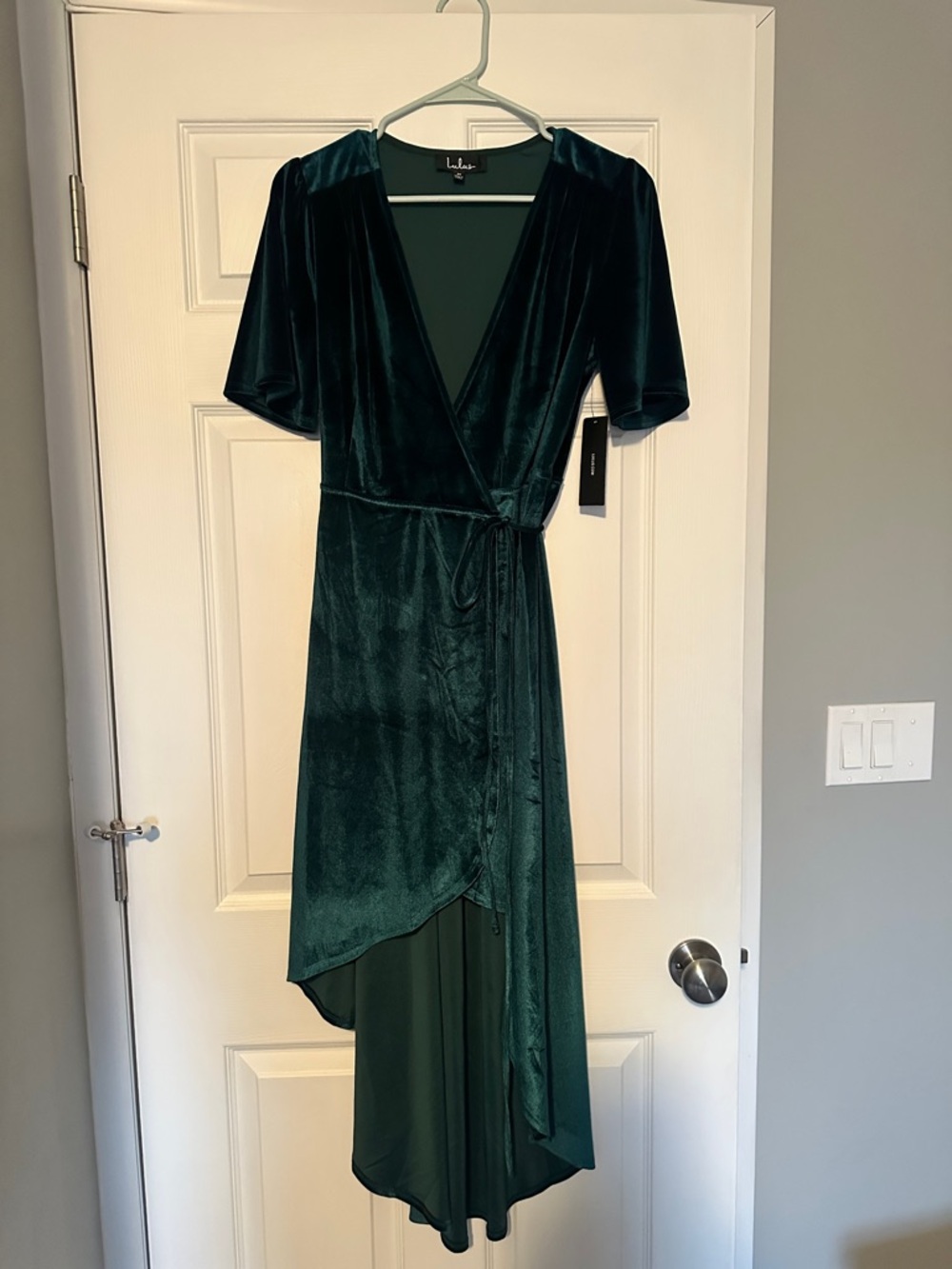 Lulu's Deep Emerald Velvet High-Low Wrap Dress